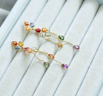18K gold chain drop earrings with pear-cut multi-color sapphires