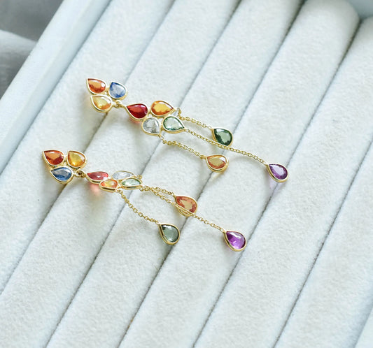 18K gold chain drop earrings with pear-cut multi-color sapphires
