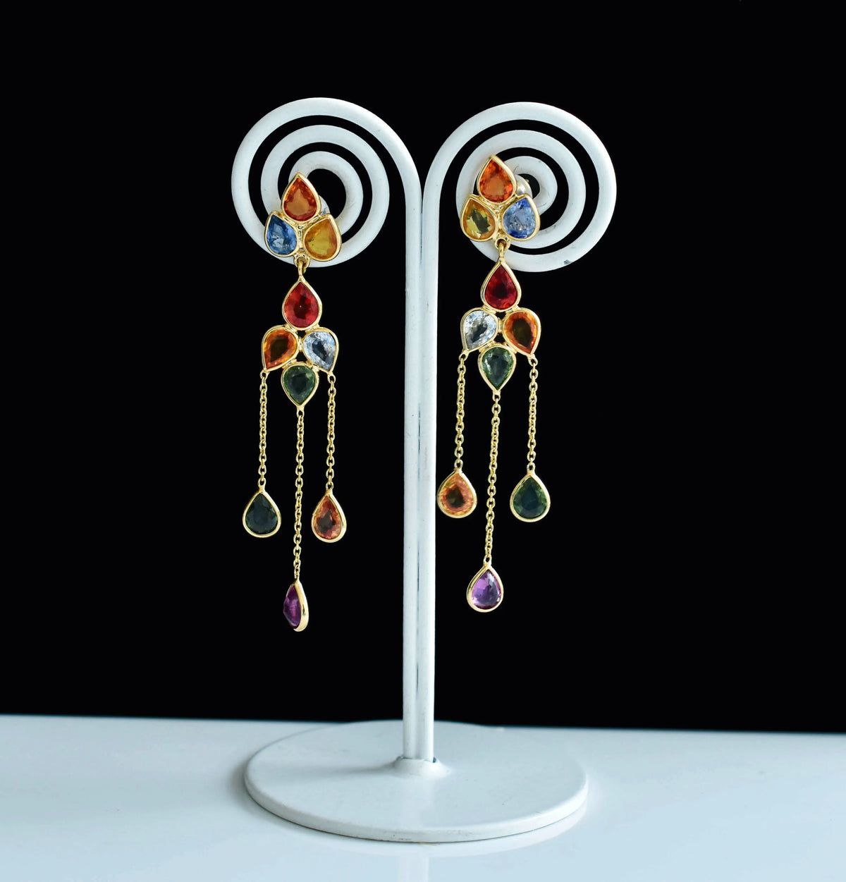 18K gold chain drop earrings with pear-cut multi-color sapphires