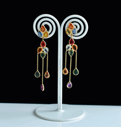 18K gold chain drop earrings with pear-cut multi-color sapphires