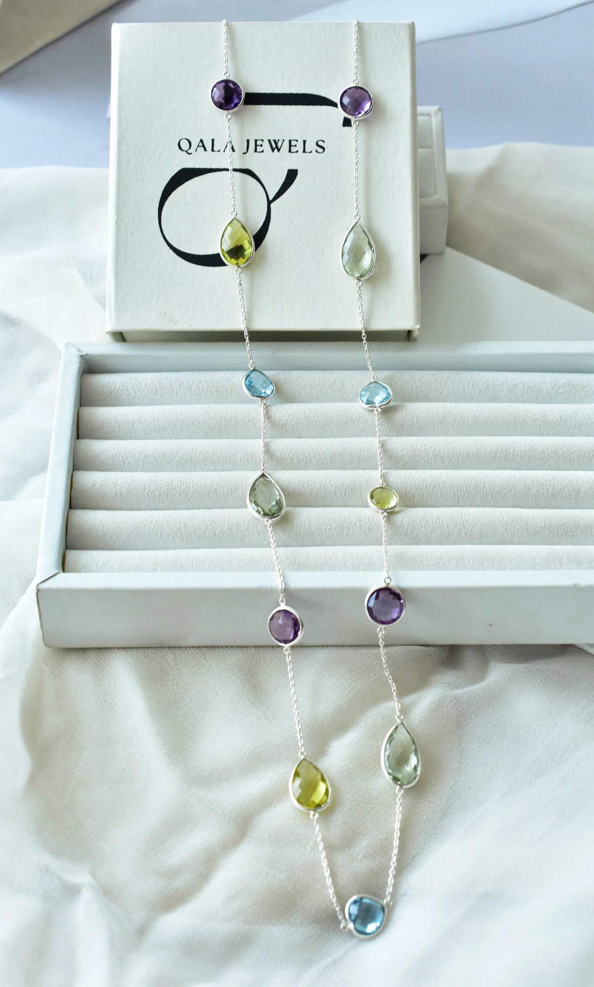 Multi Gemstone Statement Bezel Chain Necklace in Silver – Natural Mixed Gemstone Handmade Jewelry