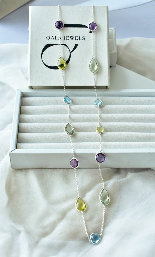 Multi Gemstone Statement Bezel Chain Necklace in Silver – Natural Mixed Gemstone Handmade Jewelry