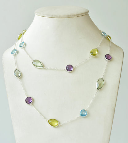 Multi Gemstone Statement Bezel Chain Necklace in Silver – Natural Mixed Gemstone Handmade Jewelry