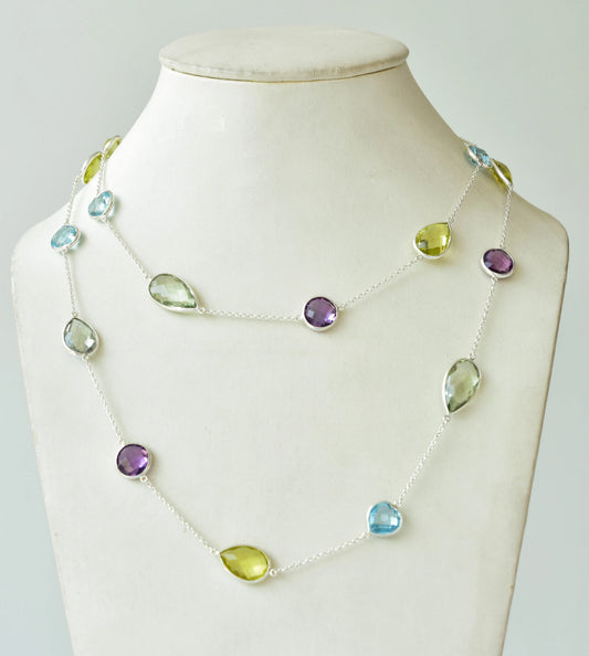 Multi Gemstone Statement Bezel Chain Necklace in Silver – Natural Mixed Gemstone Handmade Jewelry