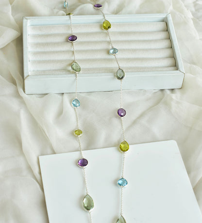 Multi Gemstone Statement Bezel Chain Necklace in Silver – Natural Mixed Gemstone Handmade Jewelry