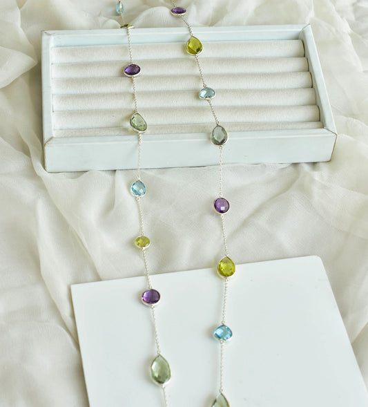 Multi Gemstone Statement Bezel Chain Necklace in Silver – Natural Mixed Gemstone Handmade Jewelry