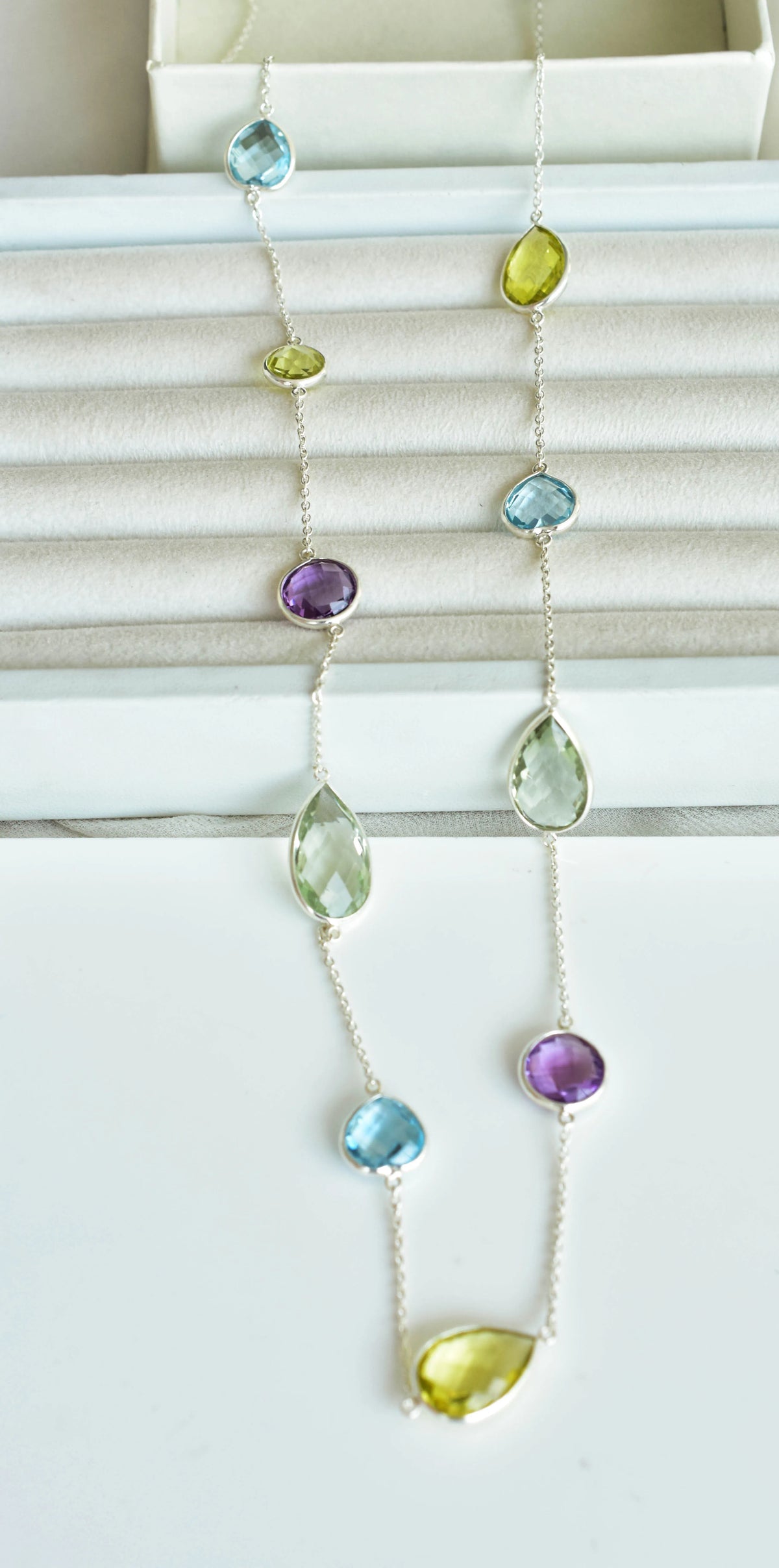 Multi Gemstone Statement Bezel Chain Necklace in Silver – Natural Mixed Gemstone Handmade Jewelry