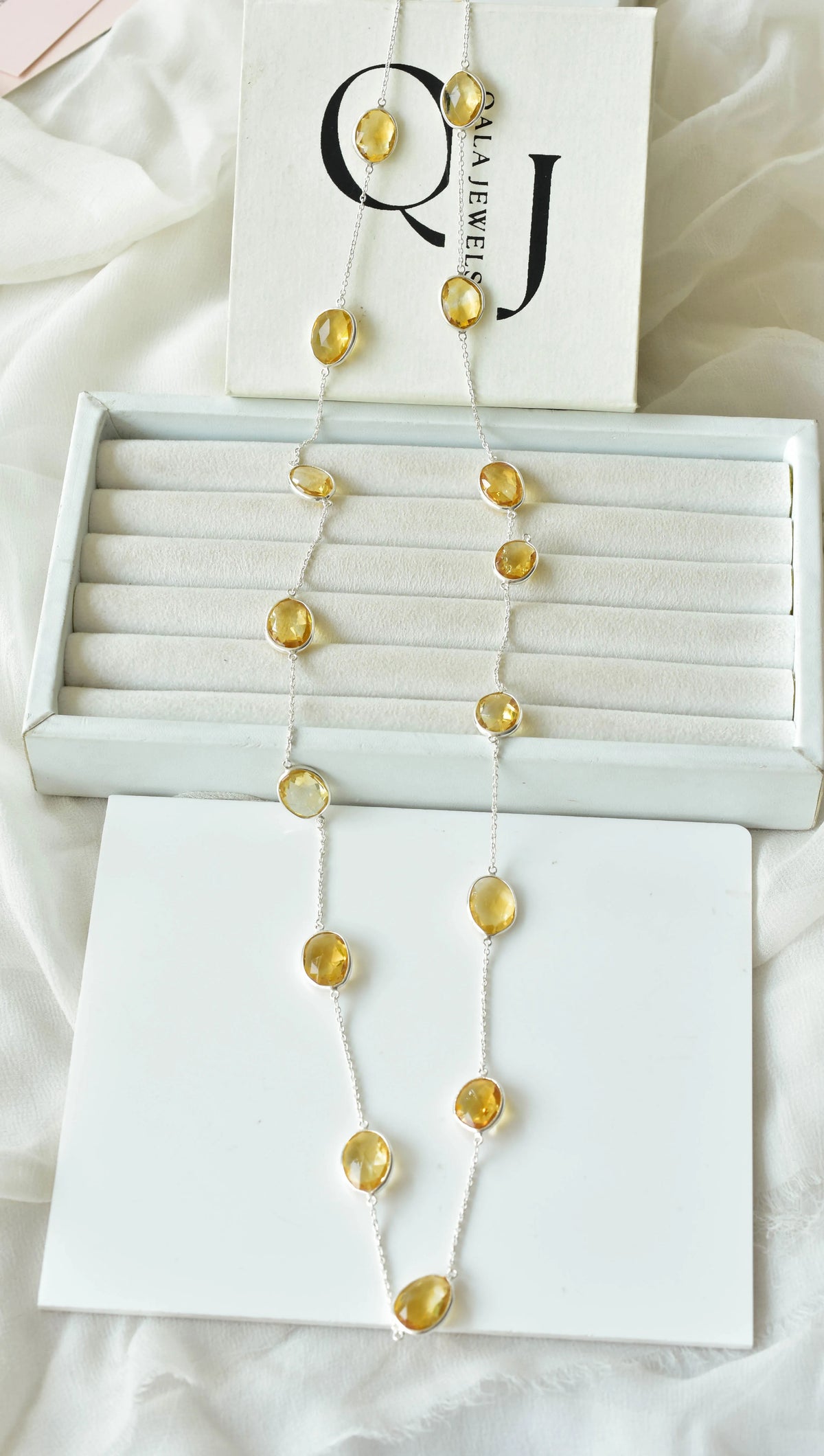 Natural Citrine Bezel Chain Necklace in Silver – Handmade Statement Gemstone Jewelry, By the Yard