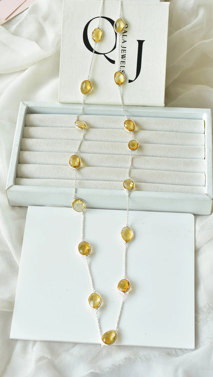 Natural Citrine Bezel Chain Necklace in Silver – Handmade Statement Gemstone Jewelry, By the Yard