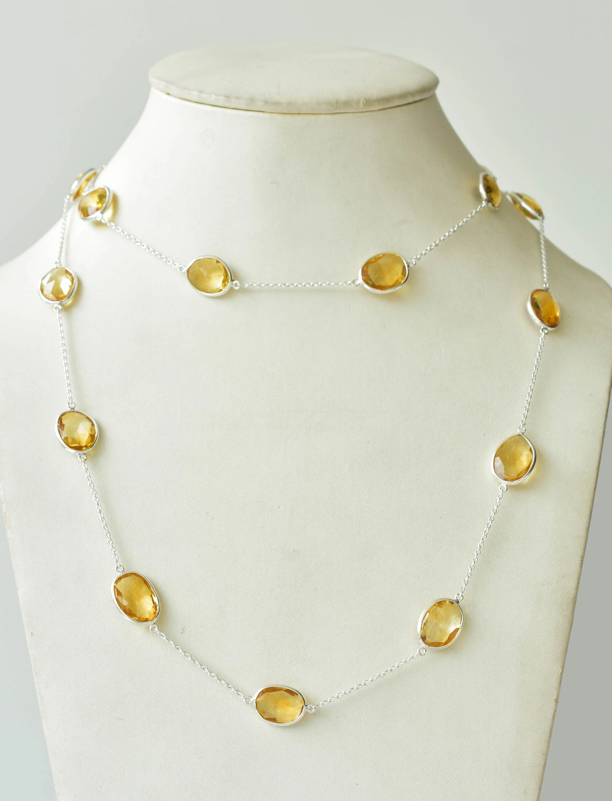 Natural Citrine Bezel Chain Necklace in Silver – Handmade Statement Gemstone Jewelry, By the Yard