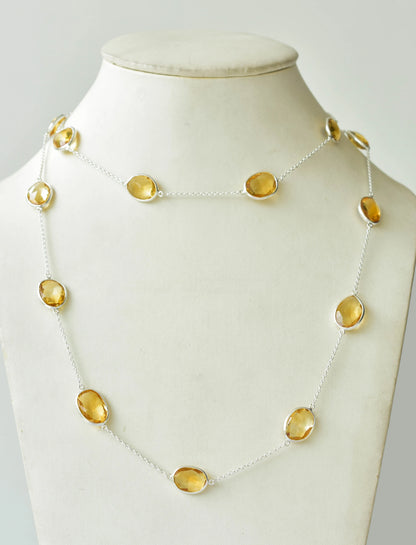 Natural Citrine Bezel Chain Necklace in Silver – Handmade Statement Gemstone Jewelry, By the Yard