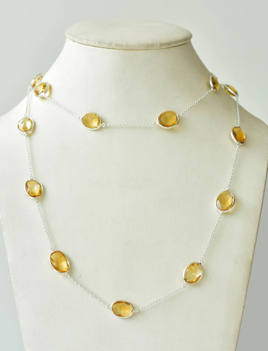 Natural Citrine Bezel Chain Necklace in Silver – Handmade Statement Gemstone Jewelry, By the Yard