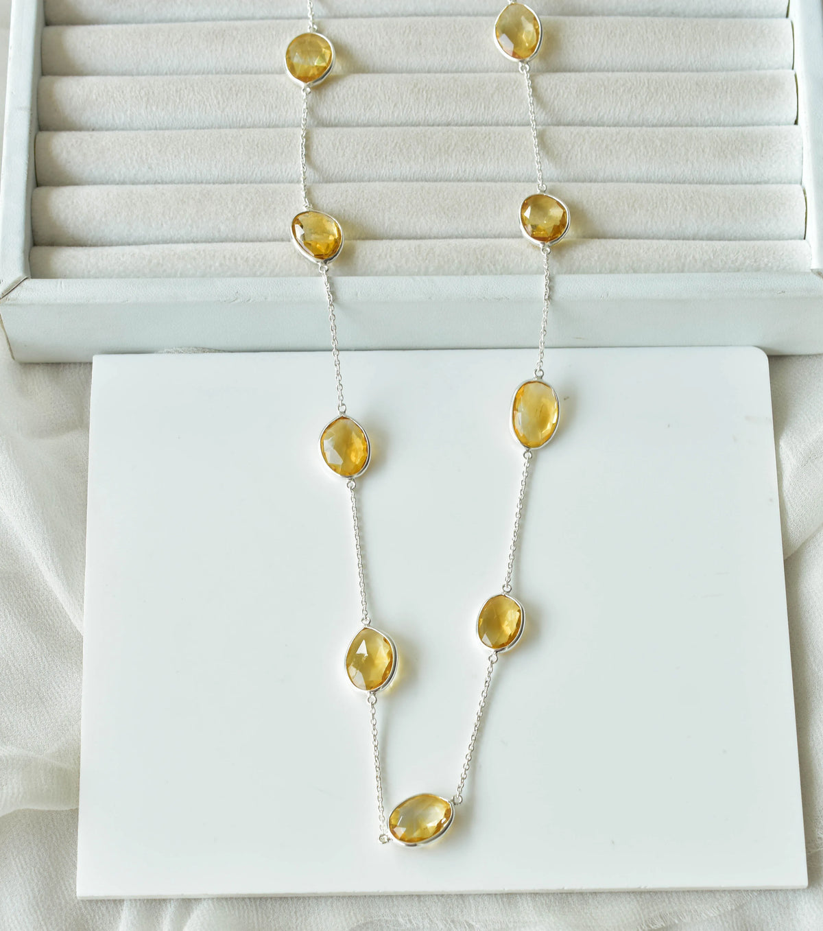 Natural Citrine Bezel Chain Necklace in Silver – Handmade Statement Gemstone Jewelry, By the Yard