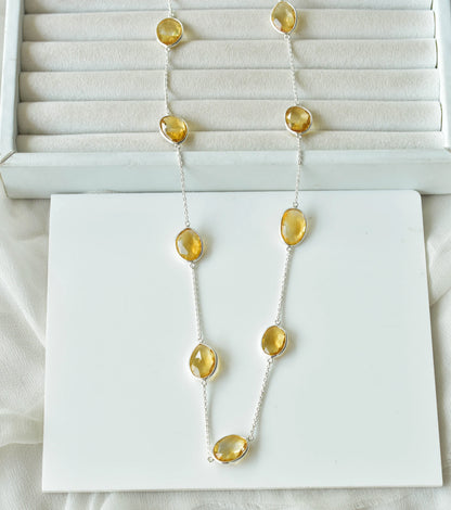 Natural Citrine Bezel Chain Necklace in Silver – Handmade Statement Gemstone Jewelry, By the Yard