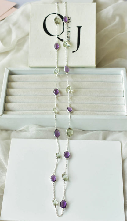 Natural Amethyst & Green Amethyst Bezel Chain Necklace in Silver – Handmade Statement Gemstone Jewelry