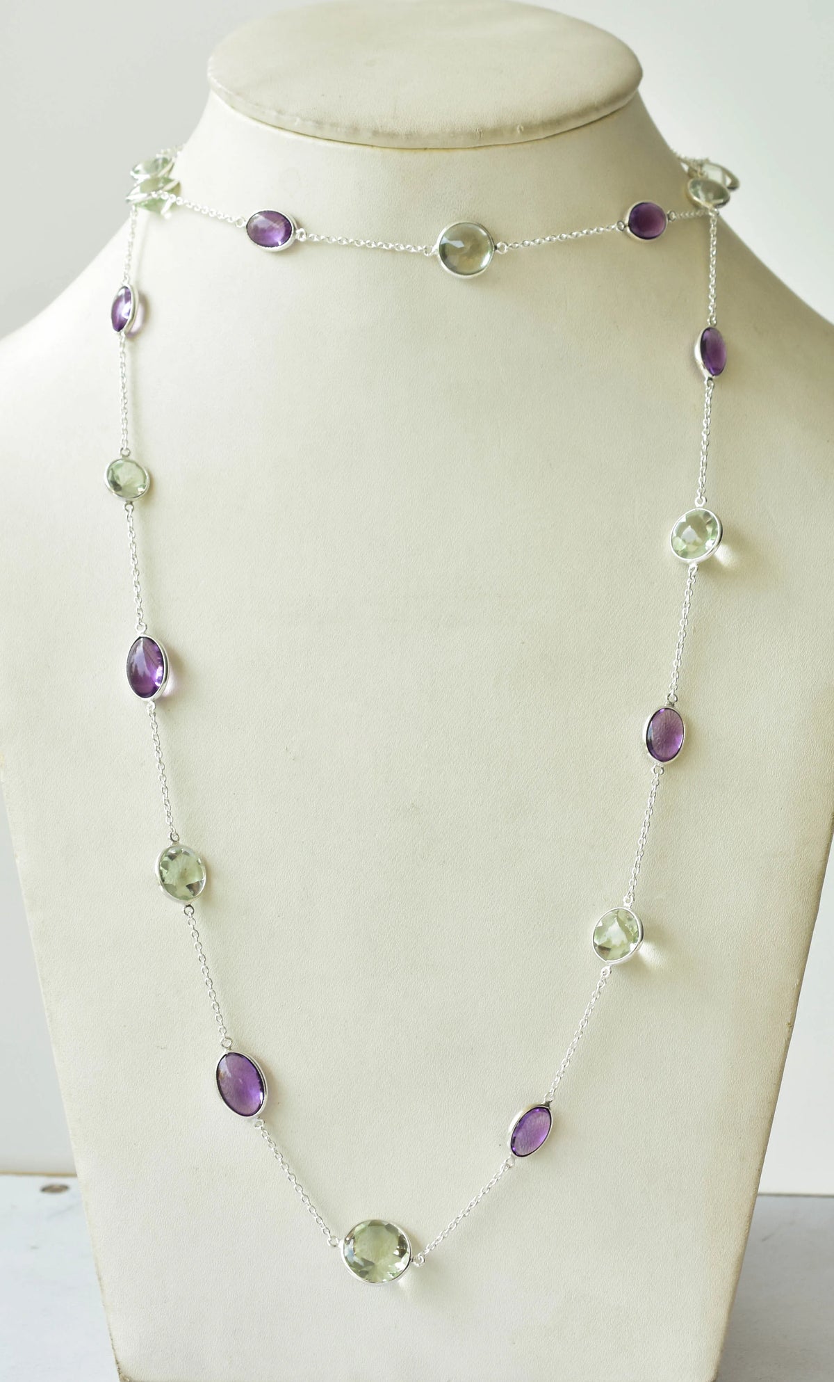 Natural Amethyst & Green Amethyst Bezel Chain Necklace in Silver – Handmade Statement Gemstone Jewelry