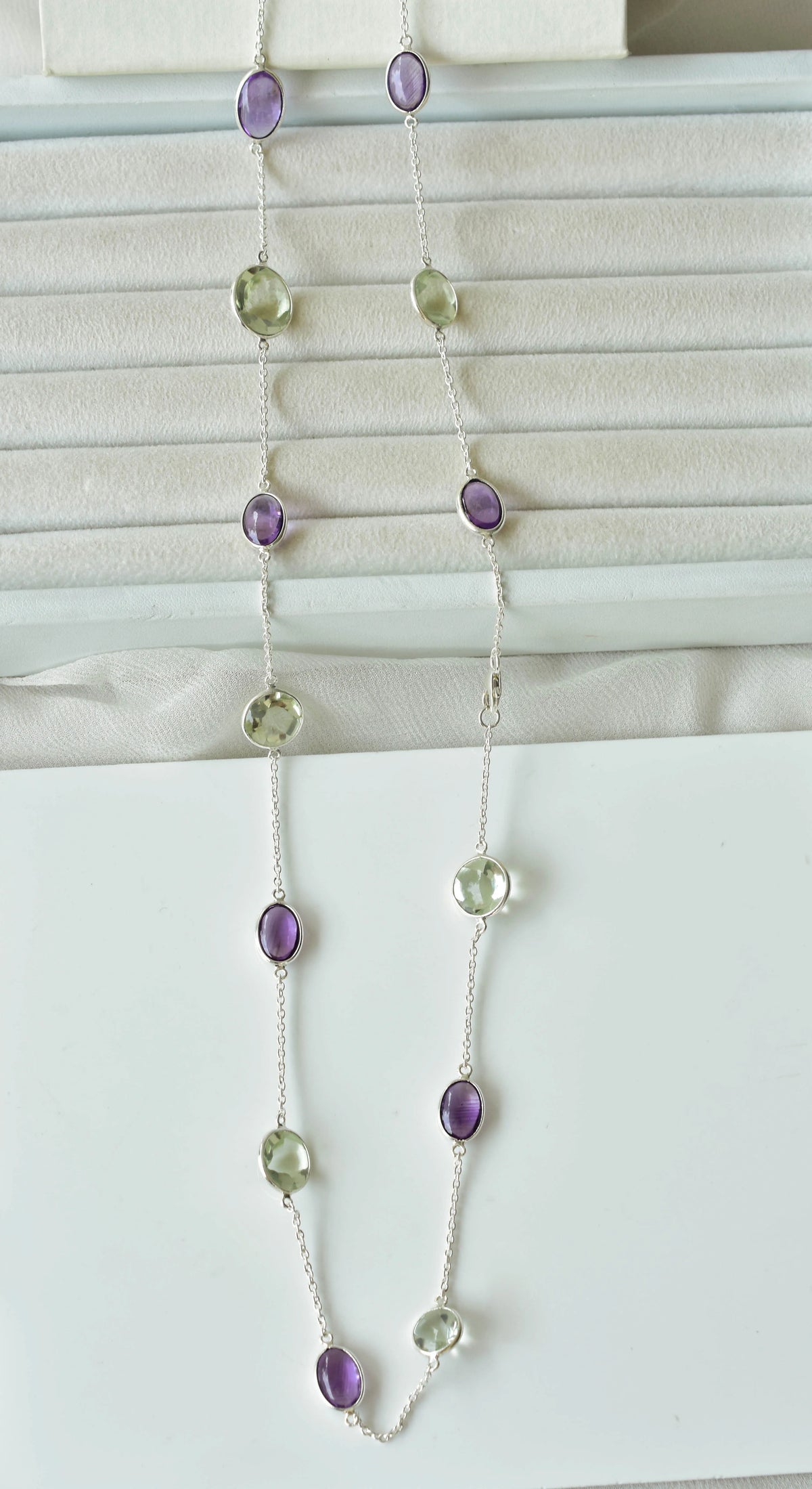 Natural Amethyst & Green Amethyst Bezel Chain Necklace in Silver – Handmade Statement Gemstone Jewelry