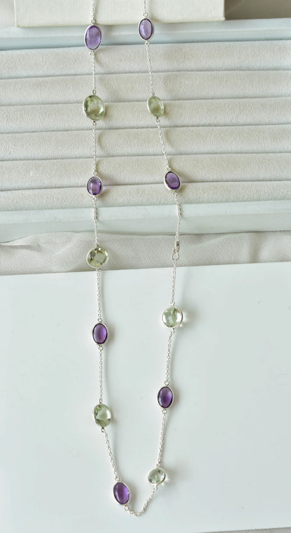 Natural Amethyst & Green Amethyst Bezel Chain Necklace in Silver – Handmade Statement Gemstone Jewelry