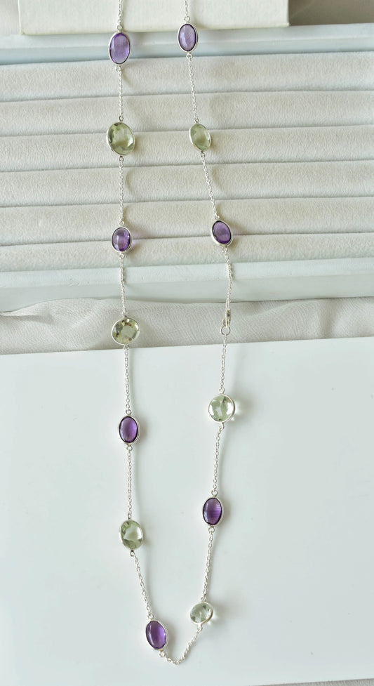 Natural Amethyst & Green Amethyst Bezel Chain Necklace in Silver – Handmade Statement Gemstone Jewelry