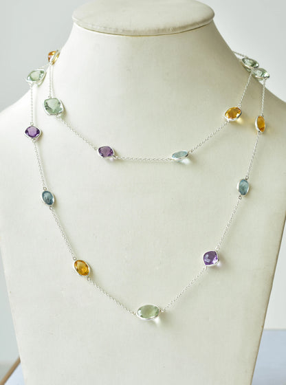 Multi Gemstone Bezel Chain Necklace in Silver – Green & Gold Natural Statement Gemstone Jewelry
