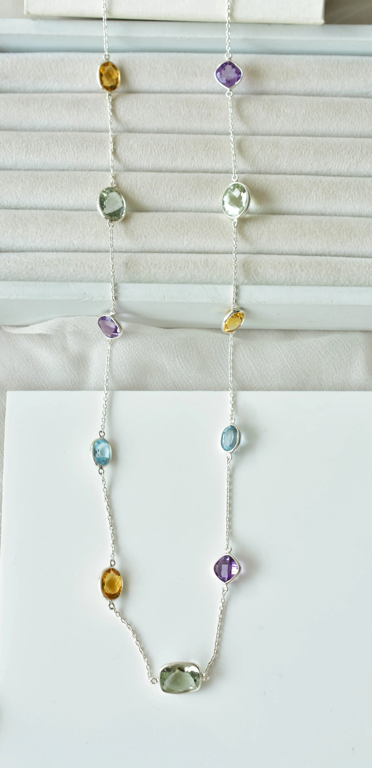 Multi Gemstone Bezel Chain Necklace in Silver – Green & Gold Natural Statement Gemstone Jewelry