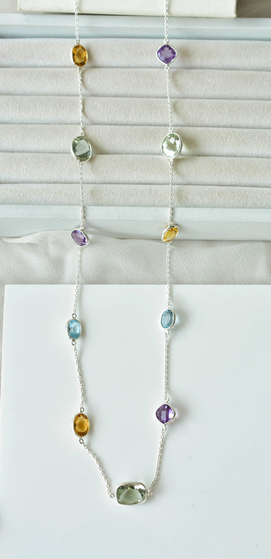 Multi Gemstone Bezel Chain Necklace in Silver – Green & Gold Natural Statement Gemstone Jewelry