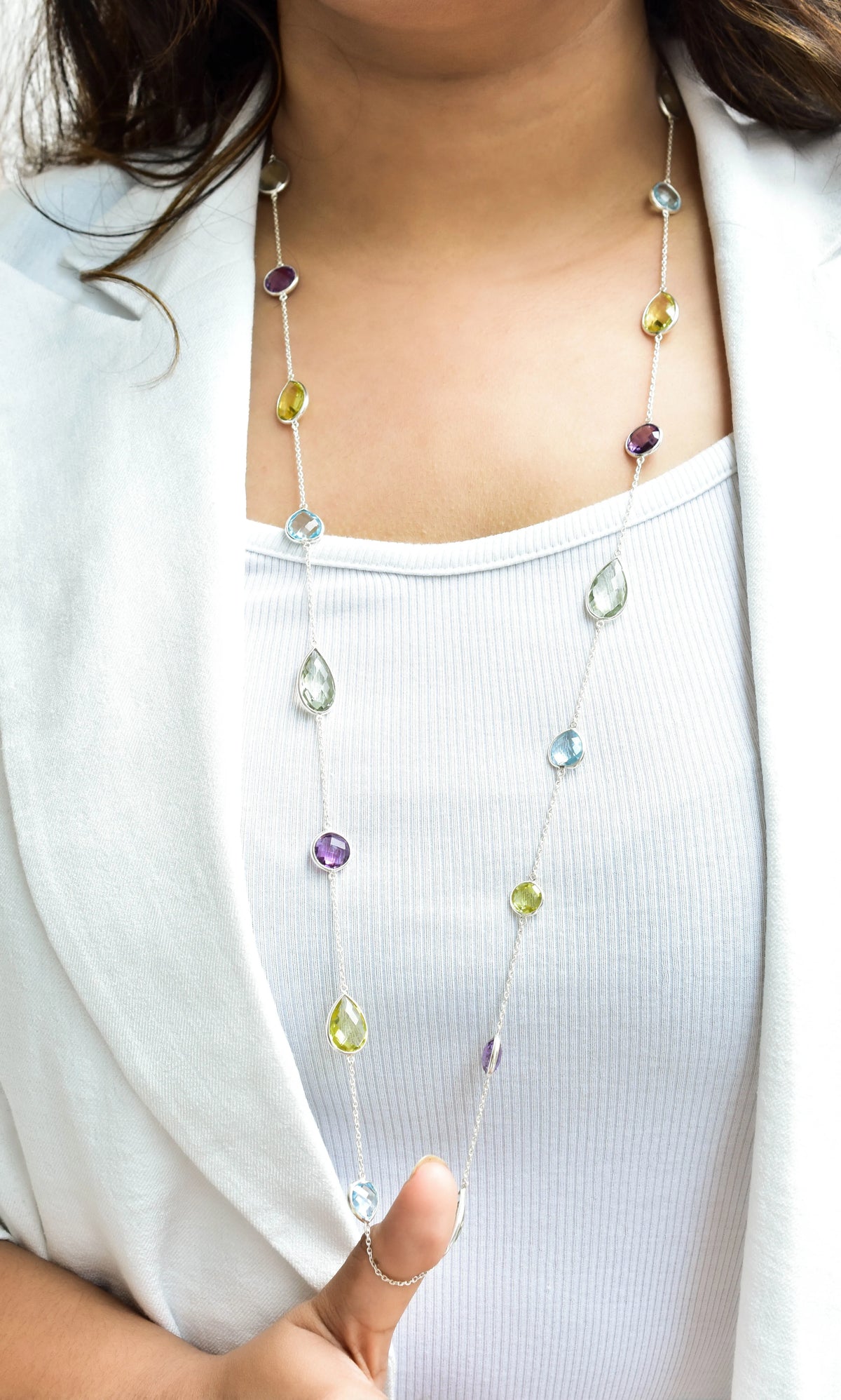 Multi Gemstone Statement Bezel Chain Necklace in Silver – Natural Mixed Gemstone Handmade Jewelry