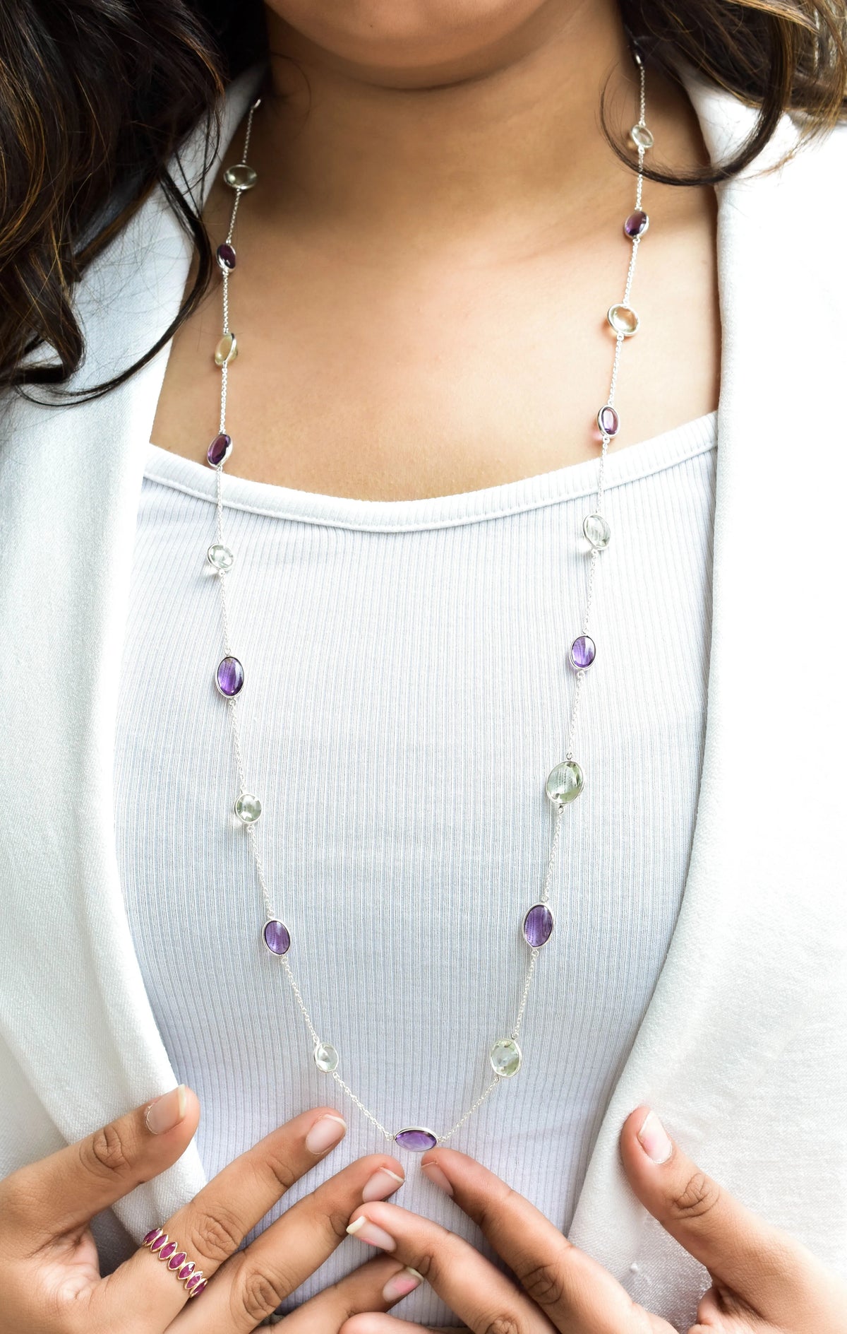 Natural Amethyst & Green Amethyst Bezel Chain Necklace in Silver – Handmade Statement Gemstone Jewelry