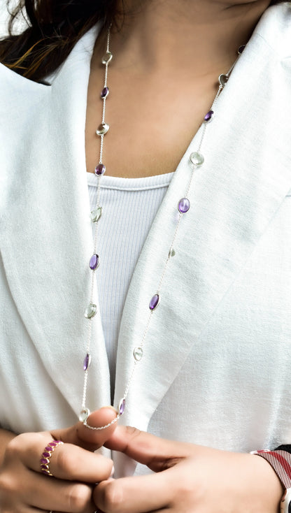 Natural Amethyst & Green Amethyst Bezel Chain Necklace in Silver – Handmade Statement Gemstone Jewelry