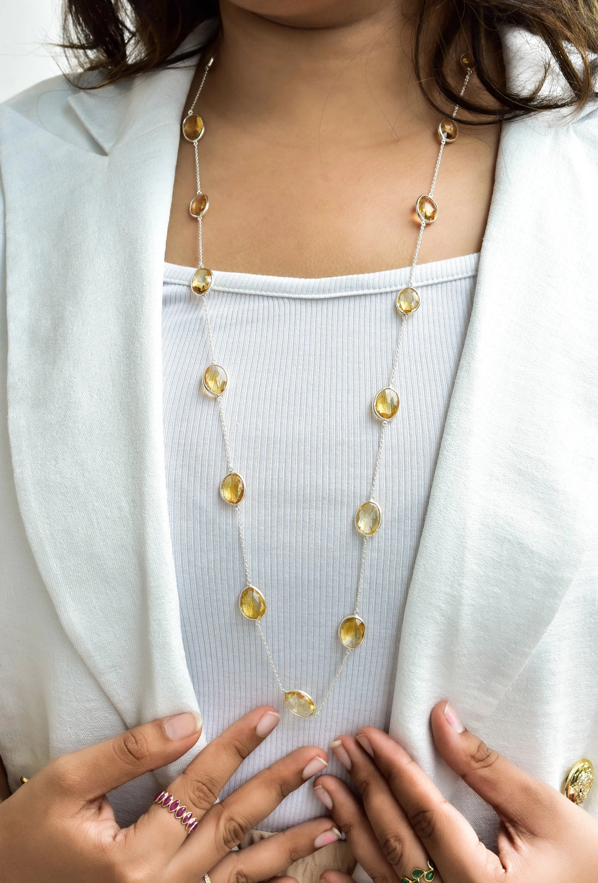 Natural Citrine Bezel Chain Necklace in Silver – Handmade Statement Gemstone Jewelry, By the Yard