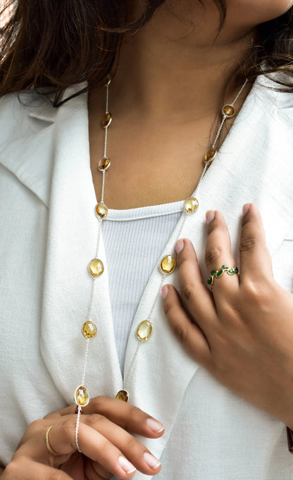 Natural Citrine Bezel Chain Necklace in Silver – Handmade Statement Gemstone Jewelry, By the Yard