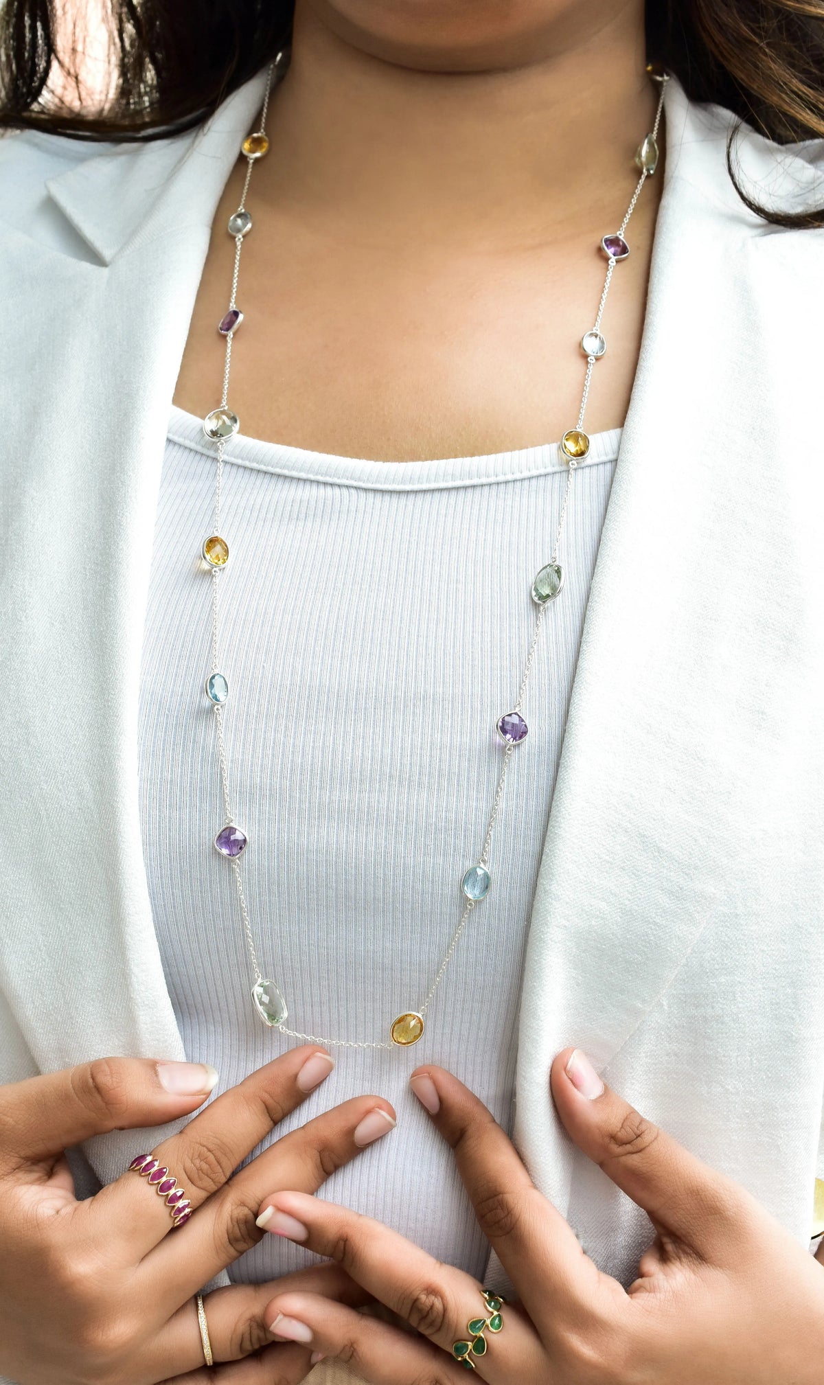 Multi Gemstone Bezel Chain Necklace in Silver – Green & Gold Natural Statement Gemstone Jewelry