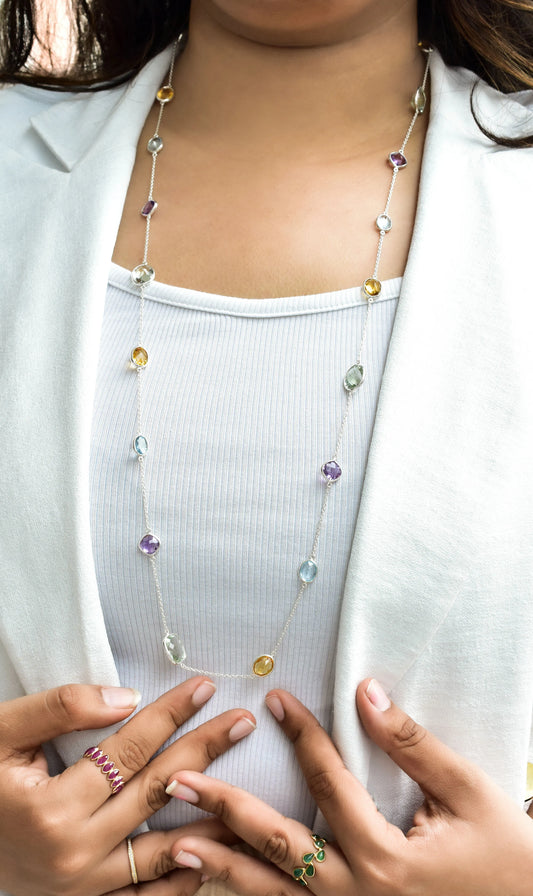 Multi Gemstone Bezel Chain Necklace in Silver – Green & Gold Natural Statement Gemstone Jewelry
