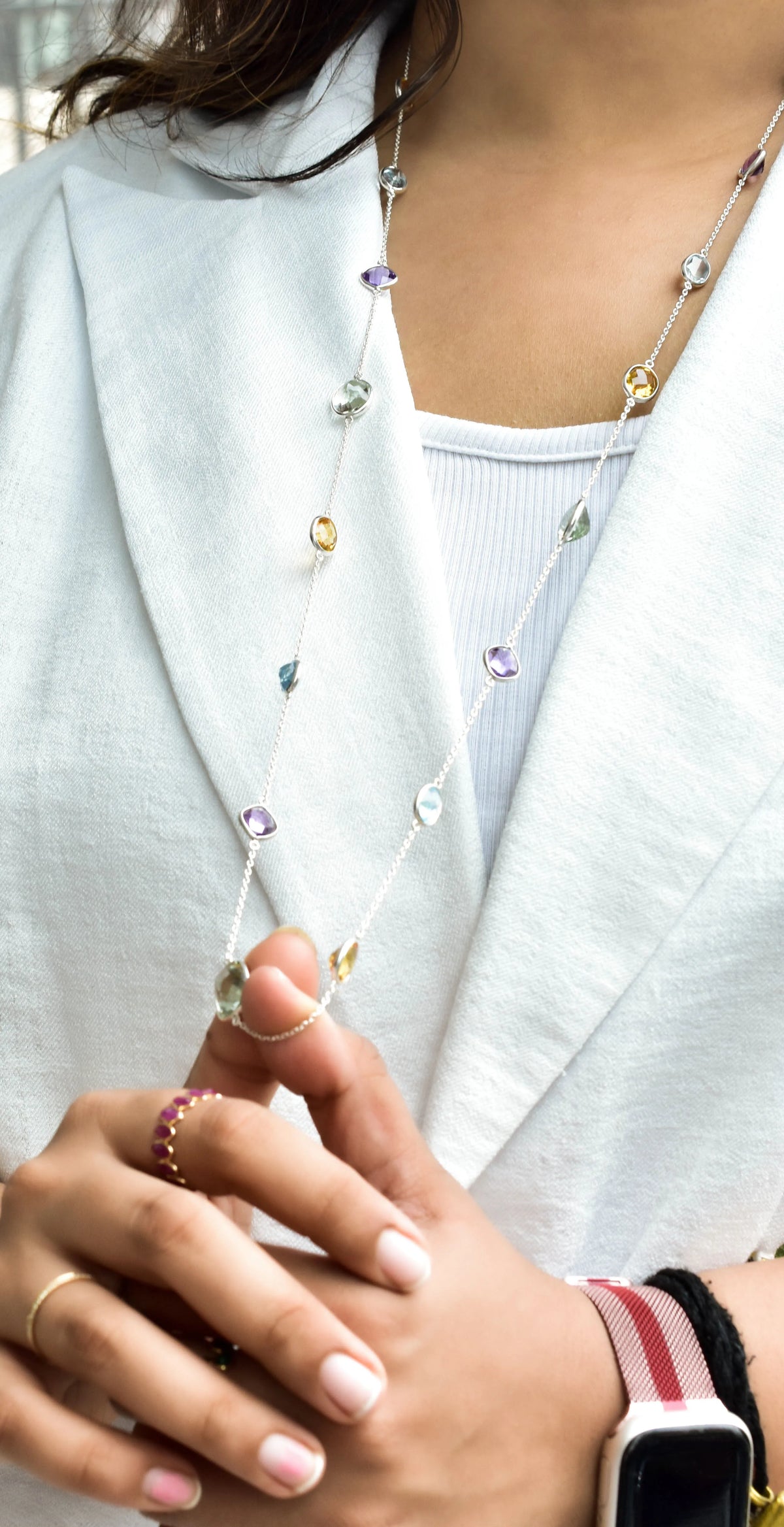 Multi Gemstone Bezel Chain Necklace in Silver – Green & Gold Natural Statement Gemstone Jewelry