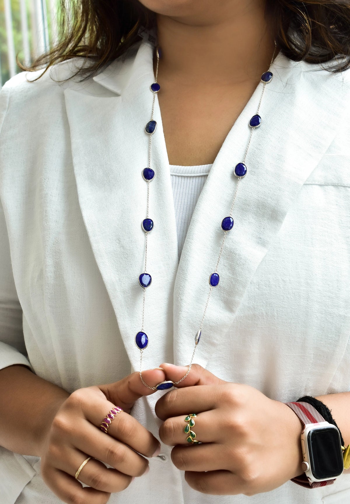 Natural Lapis Lazuli Bezel Chain Necklace in Silver – Handmade Statement Gemstone Jewelry