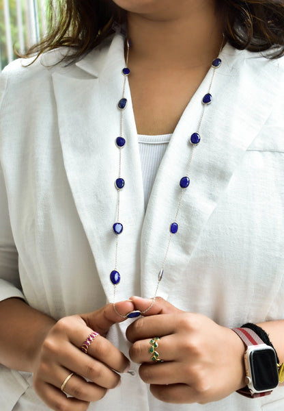 Natural Lapis Lazuli Bezel Chain Necklace in Silver – Handmade Statement Gemstone Jewelry