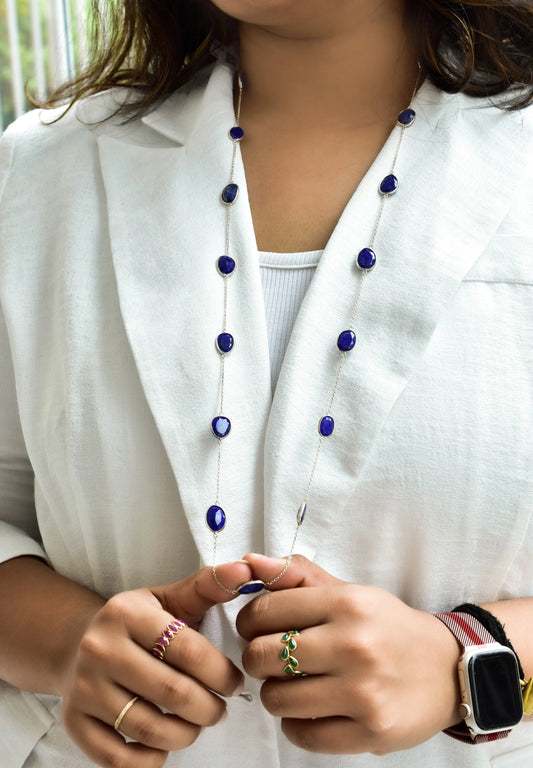 Natural Lapis Lazuli Bezel Chain Necklace in Silver – Handmade Statement Gemstone Jewelry