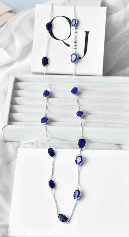 Natural Lapis Lazuli Bezel Chain Necklace in Silver – Handmade Statement Gemstone Jewelry