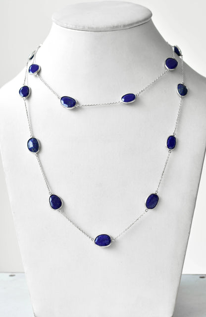 Natural Lapis Lazuli Bezel Chain Necklace in Silver – Handmade Statement Gemstone Jewelry