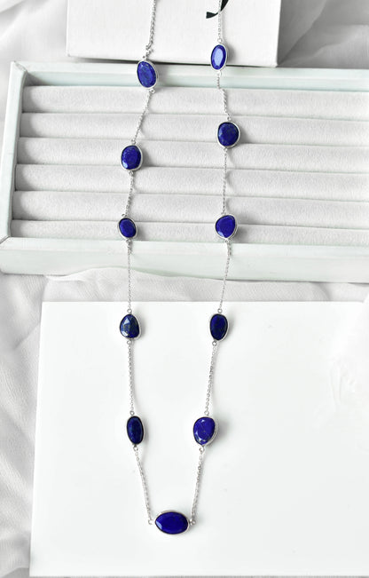 Natural Lapis Lazuli Bezel Chain Necklace in Silver – Handmade Statement Gemstone Jewelry