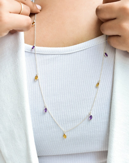 Natural Multi Sapphire Station Necklace in Silver – Handmade Dangle Statement Jewelry
