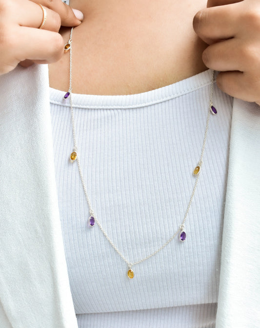 Natural Multi Sapphire Station Necklace in Silver – Handmade Dangle Statement Jewelry