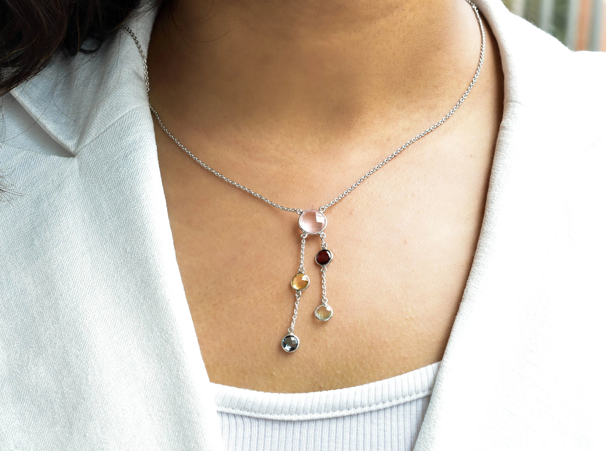 Rose Quartz Multi Gemstone Bezel Set Necklace in Silver – Handmade Statement Chain Jewelry