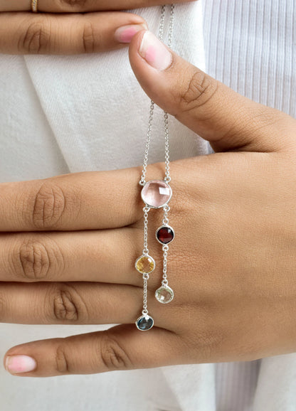 Rose Quartz Multi Gemstone Bezel Set Necklace in Silver – Handmade Statement Chain Jewelry