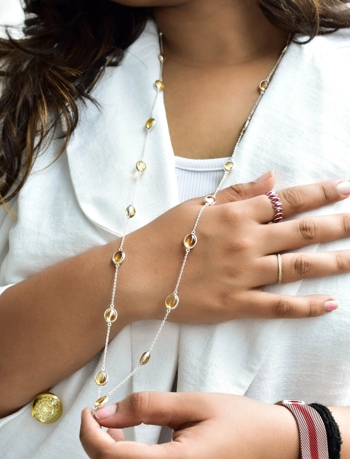 Natural Citrine Bezel Chain Necklace in Silver – Handmade Statement Gemstone Jewelry