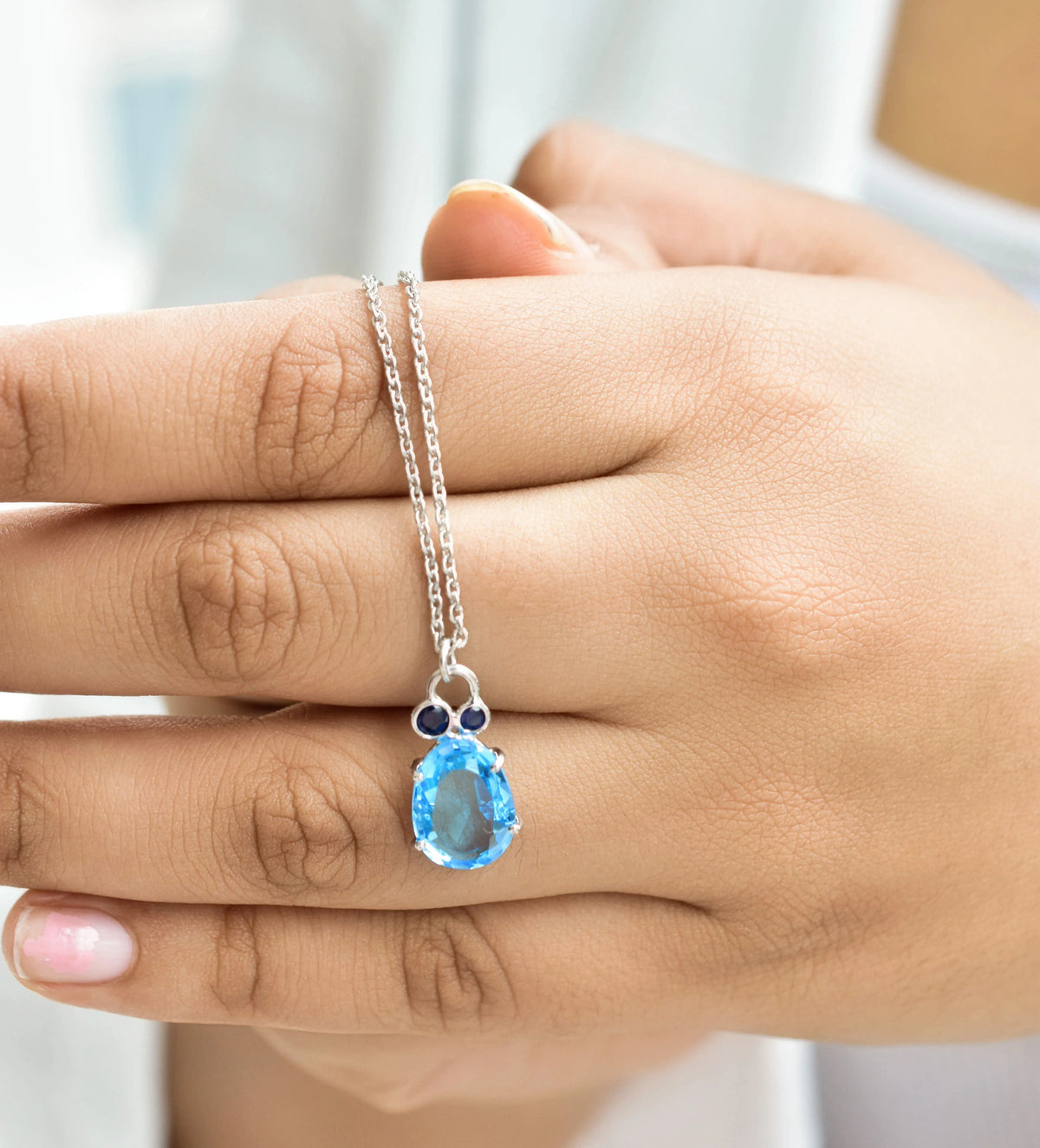 Genuine Blue Gemstone Solitaire Pendant Necklace in Silver – Handmade Statement Fine Jewelry