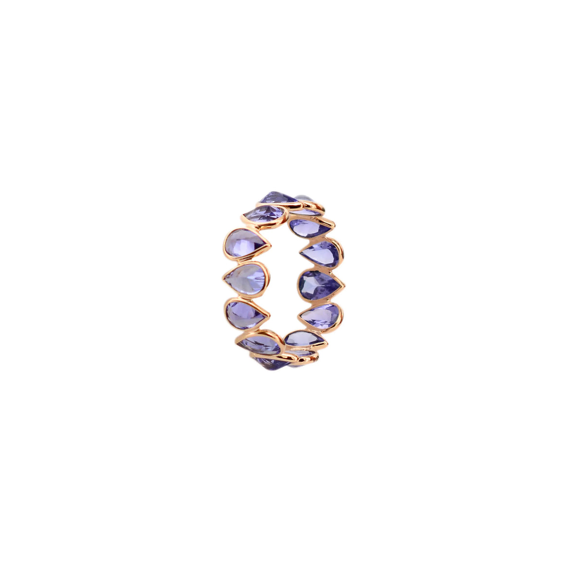 18K gold eternity ring with bezel-set pear-cut tanzanite stones