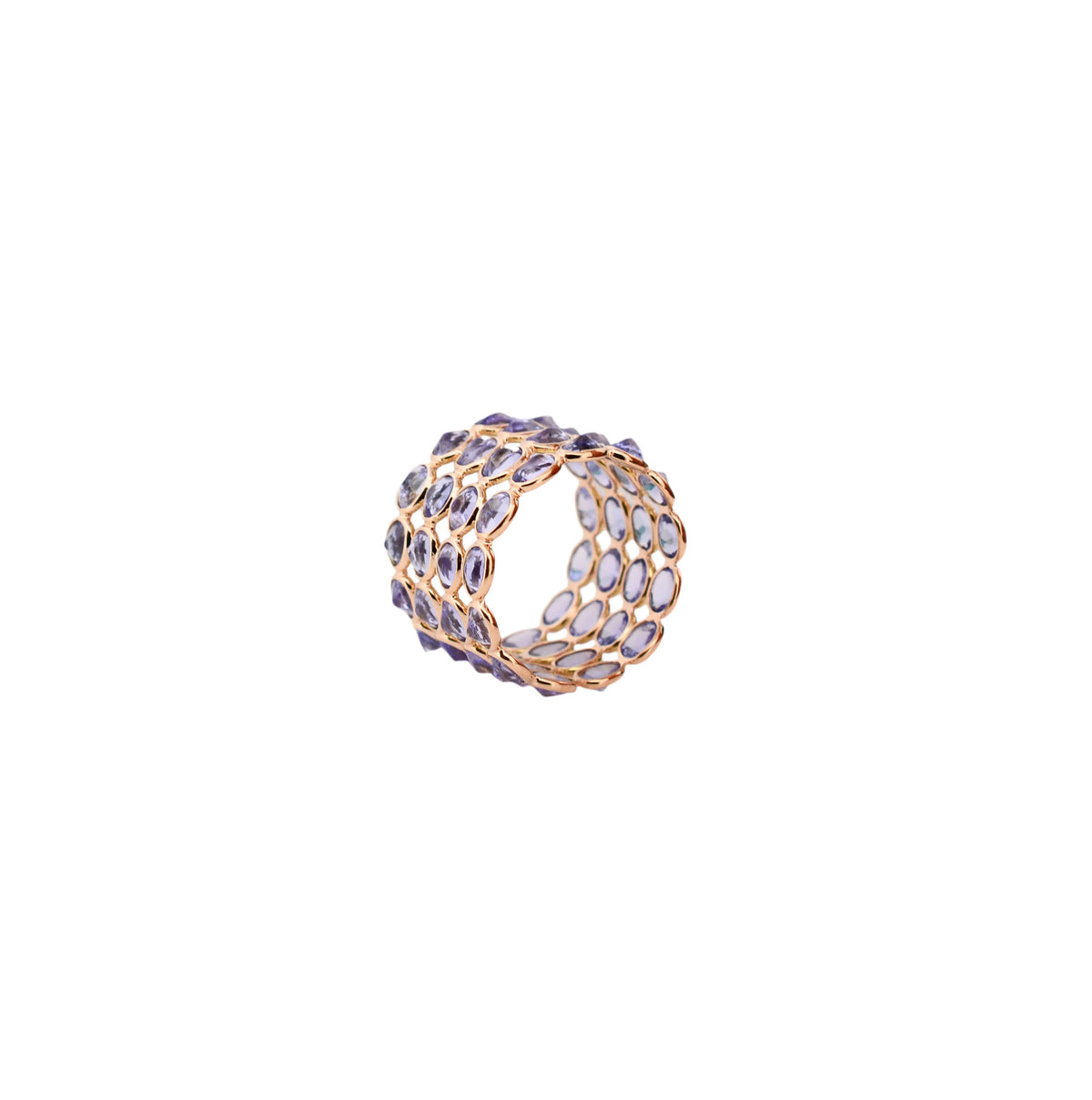 18K gold wide cocktail ring with bezel-set oval tanzanite in a honeycomb pattern