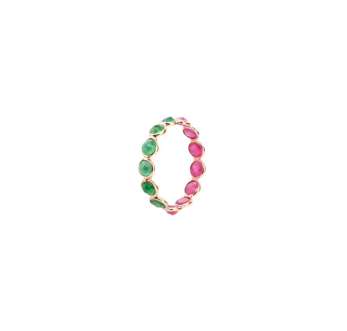 18K gold eternity ring with round-cut emerald and ruby stones in a two-tone design