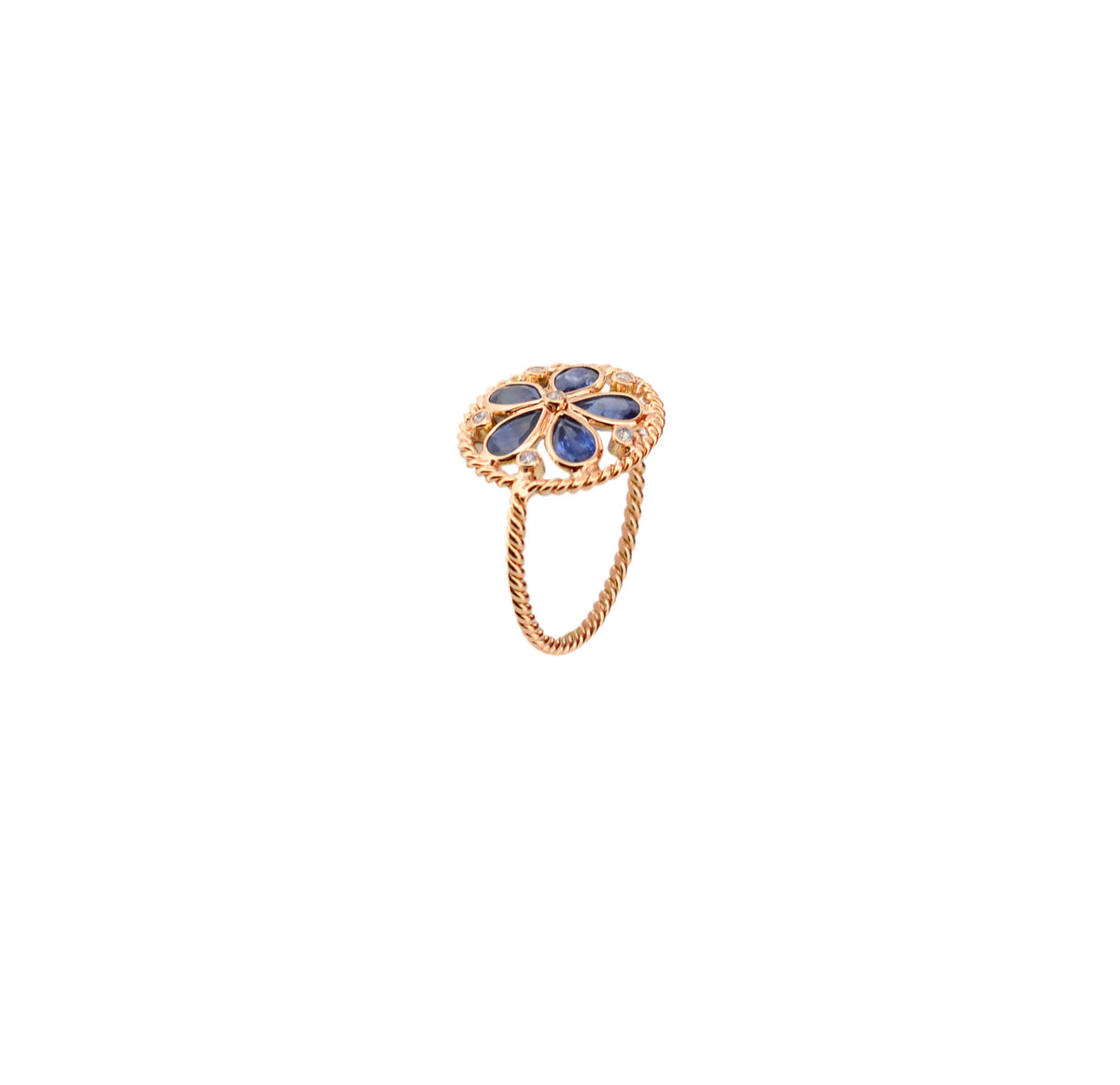 18K gold flower cluster ring with blue sapphire petals and a center diamond